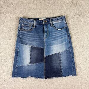Driftwood Saydi Skirt Women’s 27 Blue Denim Patchwork Raw Hem Hipster Cowgirl